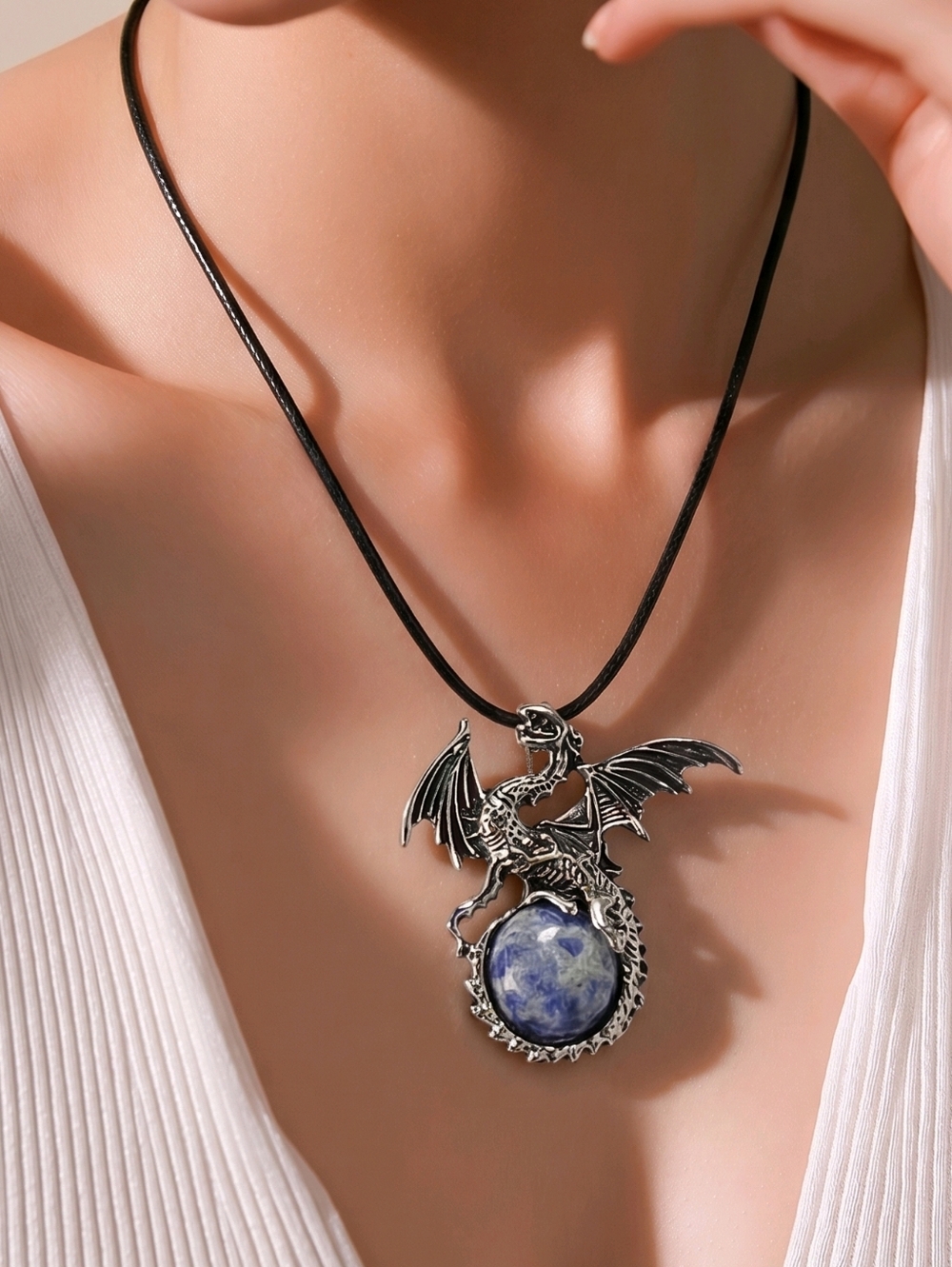 Sodalite Dragon Pendant Necklace Blue White Stone Gothic Celestial Ocean Jewelry